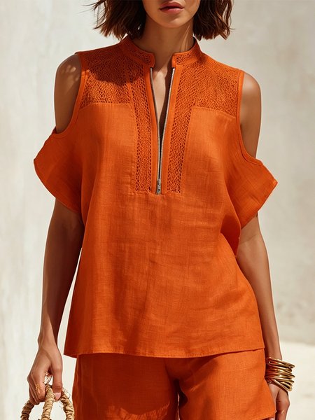 

Cotton Casual Plain Zipper Mock Neck Blouse, Orange, Blouses and Shirts