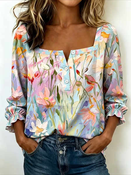 Square Neck Three Quarter Sleeve Floral Printing Regular Micro-Elasticity Loose Blouse For Women