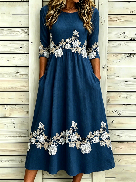 

Women Floral Summer Dress Half Sleeve A-Line Dress, Purplish blue, Dresses