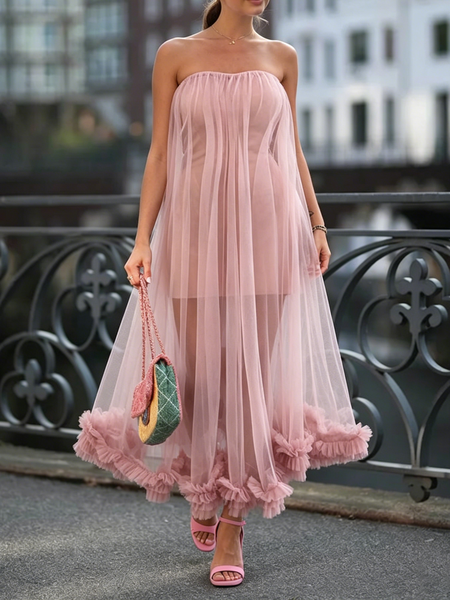 Elegant Plain Peplum Strapless Maxi Dress