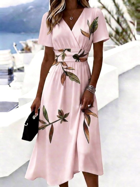 

Women Botanical Pattern Summer Dress V Neck Short Sleeve Beach Dress A-Line Dress, Pink, Dresses