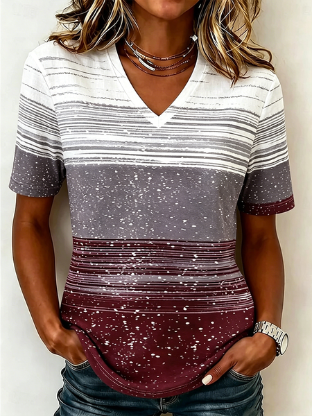Vintage Striped V Neck Short Sleeve T-shirt, Purple, Blouses