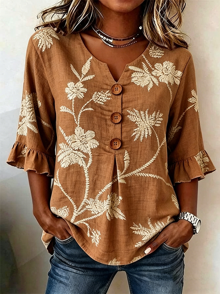 Half Sleeve Floral Lightweight Loose Shirt For Women