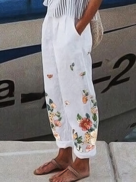 

Women Floral Long Pants Casual Spring/Fall Trousers, White, Pants
