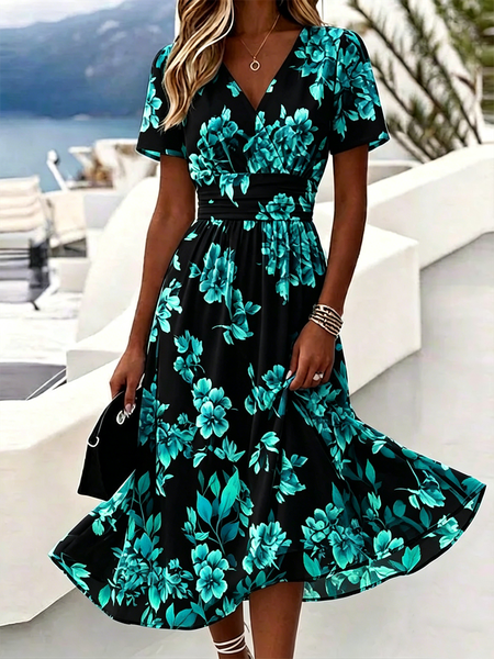 Women Floral Summer Dress V Neck Short Sleeve Beach Dress A-Line Dress