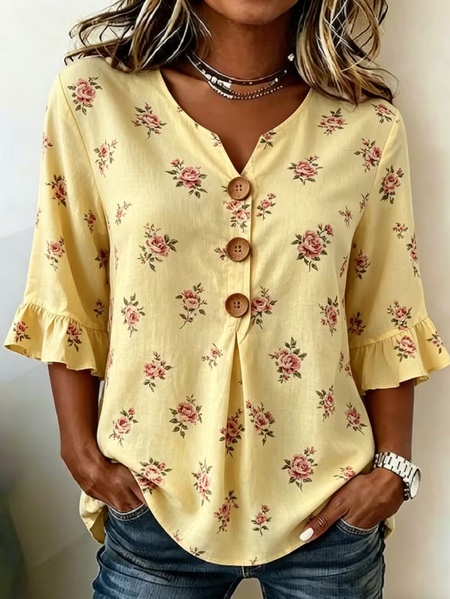 

V Neck Half Sleeve Floral Printing Regular Micro-Elasticity Regular Fit Blouse For Women, Yellow, Blouses