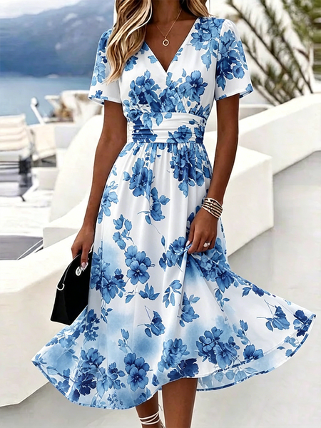 

Women Floral Summer Dress V Neck Short Sleeve Beach Dress A-Line Dress, Blue, Dresses