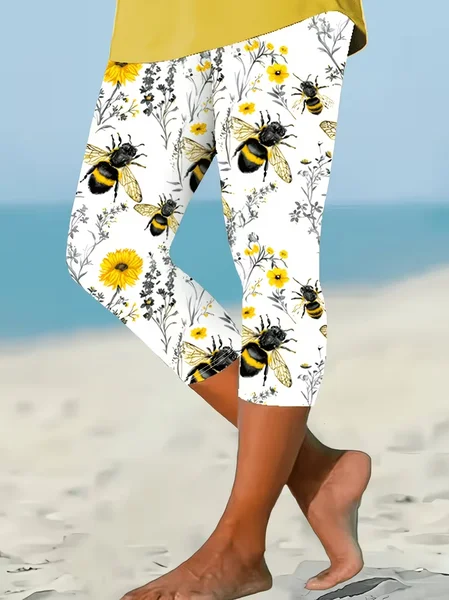 

Women Floral Capris Elastic Waist Pants Casual Summer Trousers, White, Leggings