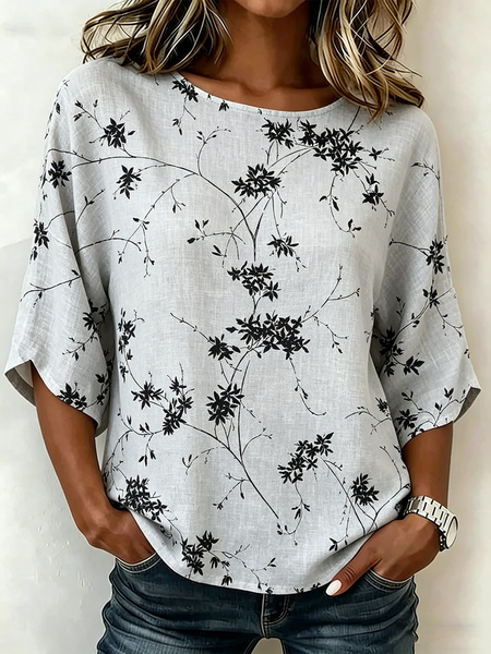 Crew Neck Half Sleeve Leaf Lightweight Loose Shirt For Women, Gray, Blouses