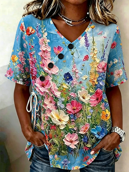 

Crew Neck Half Sleeve Floral Lightweight Loose Shirt For Women, As picture, Shirts