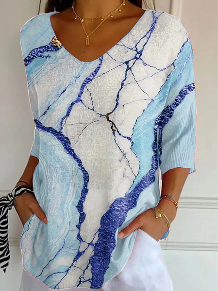 

Casual Abstract V Neck Three Quarter Sleeve T-shirt, Blue, T-shirts
