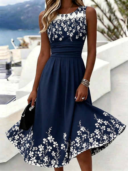

Women Floral Summer Dress Crew Neck Sleeveless A-Line Dress, Purplish blue, Dresses