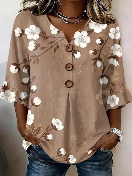 

Women Floral V Neck Half Sleeve Blouse Printing Vintage Daily Summer Top, Light brown, Blouses