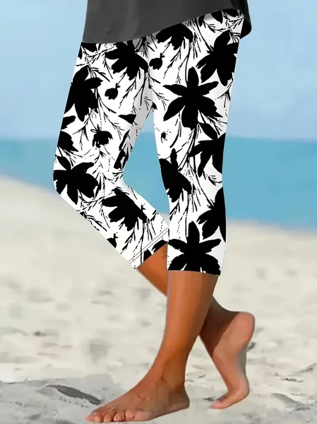 Women Floral Capris Elastic Waist Pants Casual Summer Trousers