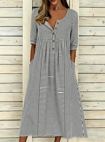 Women Striped Summer Dress Half Open Collar Half Sleeve A-Line Dress