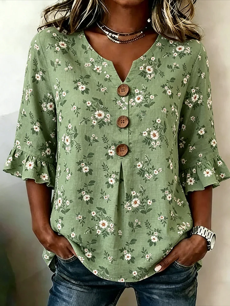 

V Neck Half Sleeve Floral Printing Regular Micro-Elasticity Regular Fit Blouse For Women, Green, Blouses