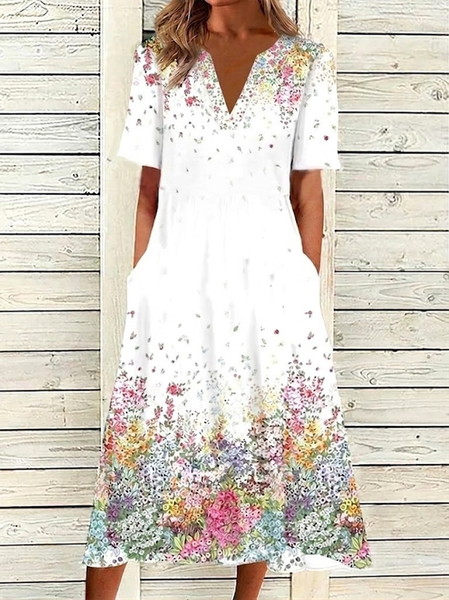 

Women Floral Summer Dress Short Sleeve A-Line Dress, White, Dresses