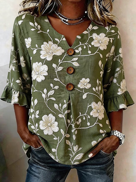 

Women Floral V Neck Half Sleeve Blouse Printing Vintage Daily Summer Top, Green, Blouses