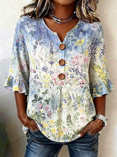Half Sleeve Floral Lightweight Loose Shirt For Women, As picture, Blouses