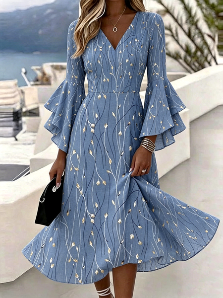 Women Floral Bell Sleeve Summer Dress V Neck Half Sleeve A-Line Dress, Blue, Dresses