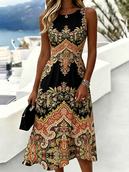 

Women Nationality/ethnic Summer Dress Crew Neck Sleeveless A-Line Dress, Black, Dresses
