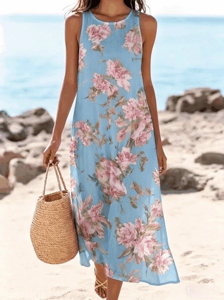 

Women Floral Summer Dress Crew Neck Sleeveless A-Line Dress, Blue, Dresses