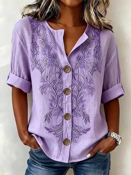

V Neck Half Sleeve Geometric Regular Loose Shirt For Women, Purple, Shirts