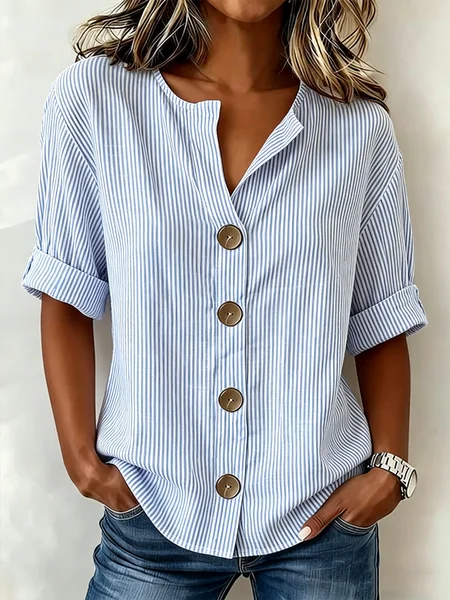 

V Neck Half Sleeve Striped Regular Loose Shirt For Women, Blue, Blouses