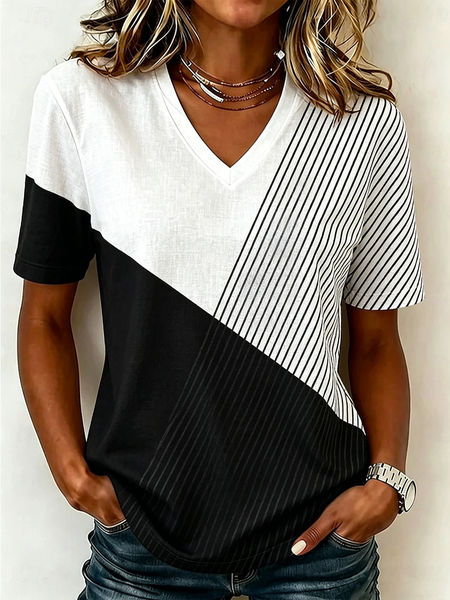 Vintage Striped V Neck Short Sleeve T-shirt