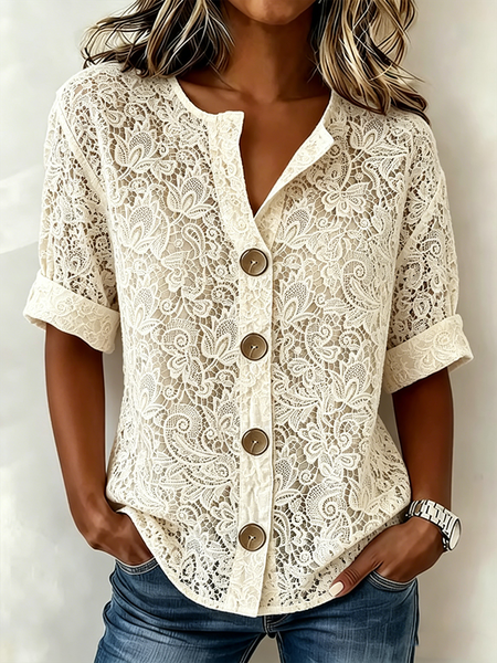 V Neck Half Sleeve Floral Regular Loose Shirt For Women, Creme light, Shirts