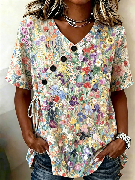

Crew Neck Half Sleeve Floral Lightweight Loose Shirt For Women, As picture, Shirts