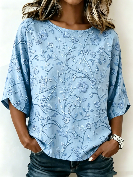 

Crew Neck Half Sleeve Floral Lightweight Loose Shirt For Women, Blue, Blouses