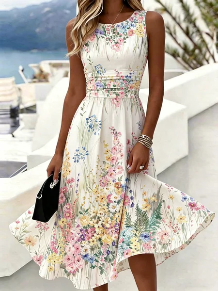 

Women Floral Summer Dress Crew Neck Sleeveless A-Line Dress, Creme light, Dresses