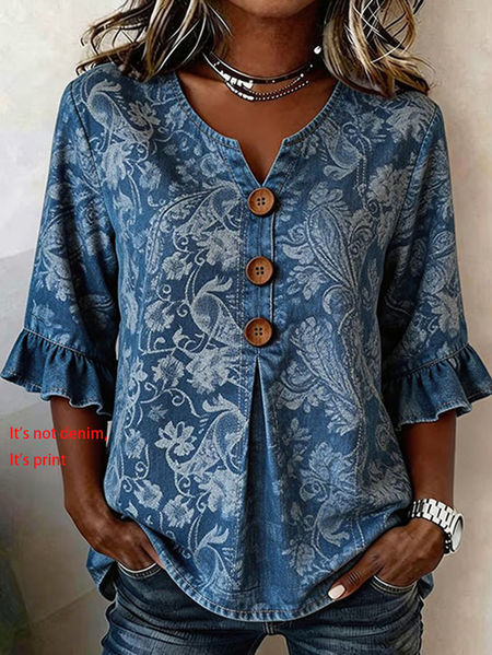 

V Neck Half Sleeve Floral Printing Regular Micro-Elasticity Regular Fit Blouse For Women, Blue, Blouses