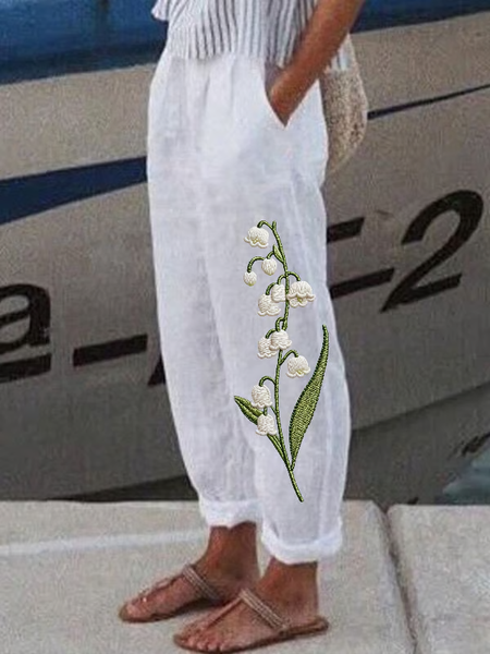 

Women Floral Long Pants Casual Spring/Fall Trousers, White, Pants
