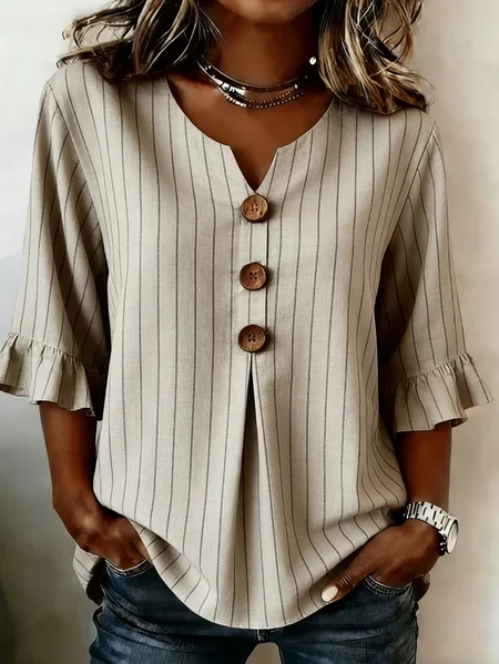 Women Striped V Neck Half Sleeve Blouse Printing Vintage Daily Summer Top