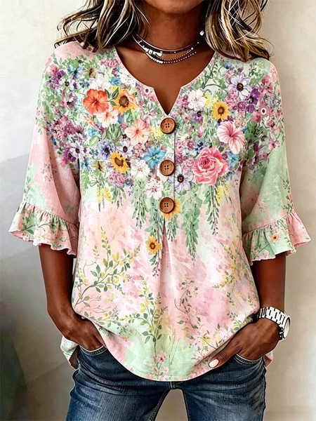 

Half Sleeve Floral Lightweight Loose Shirt For Women, As picture, Blouses