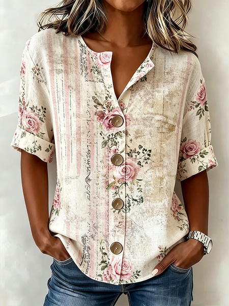 V Neck Half Sleeve Floral Regular Loose Shirt For Women, Pink, Shirts