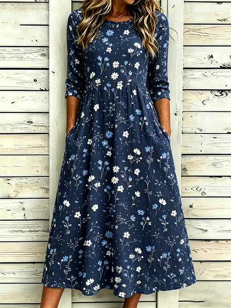 

Women Floral Summer Dress Half Sleeve A-Line Dress, Blue, Dresses