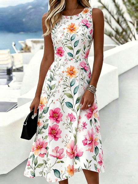 

Women Floral Summer Dress Crew Neck Sleeveless A-Line Dress, White, Dresses