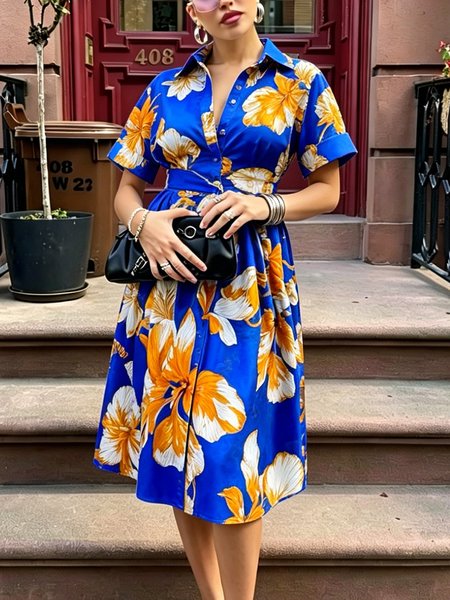 

Elegant Floral Printing Shirt Collar Knee Length Dress, Blue, Midi Dresses