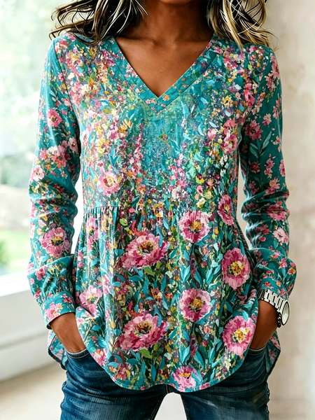 

V Neck Long Sleeve Floral Regular Loose Shirt For Women, Cyan, Blouses