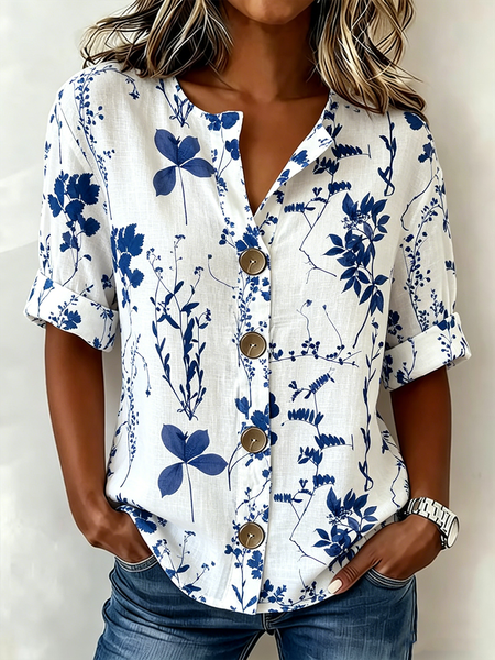 

V Neck Half Sleeve Floral Regular Loose Shirt For Women, White, Shirts