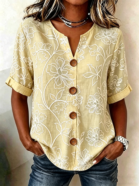

Women Floral Stand Collar Long Sleeve Shirt Vintage Daily Spring/Fall Top, Yellow, Blouses