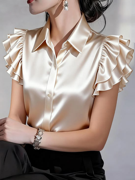 

Satin Urban Plain Peplum Shirt Collar Shirt, Champagne, Blouses and Shirts