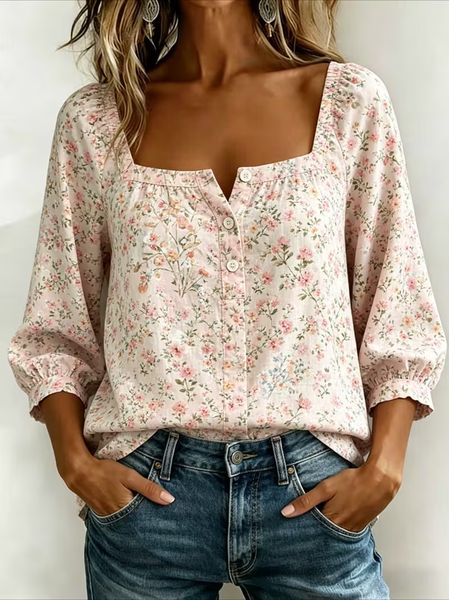 

Square Neck Three Quarter Sleeve Floral Printing Regular Micro-Elasticity Loose Blouse For Women, Pink, Blouses