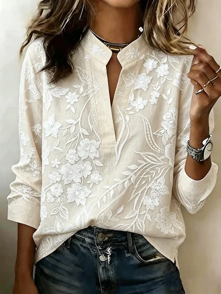 

V Neck Long Sleeve Floral Regular Loose Blouse For Women, Creme light, Blouses