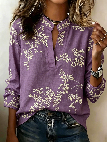 V Neck Long Sleeve Leaf Regular Loose Blouse For Women, Purple, Blouses