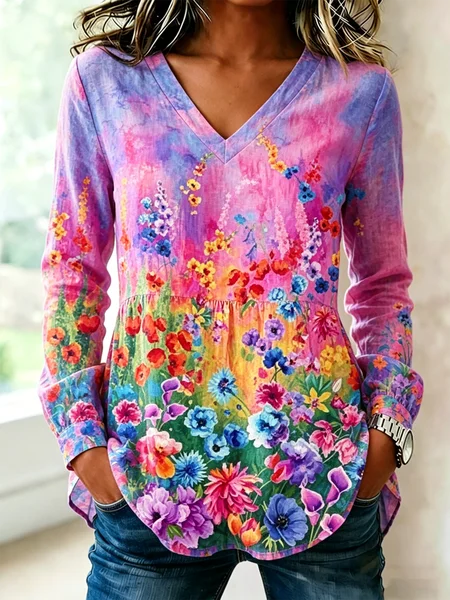V Neck Long Sleeve Floral Regular Loose Shirt For Women, Purplish red, Blouses