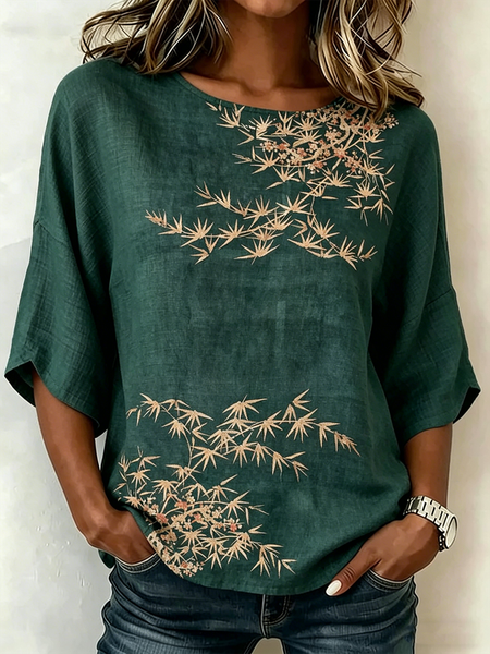 Crew Neck Half Sleeve Floral Lightweight Loose Shirt For Women, Darkgreen, Blouses